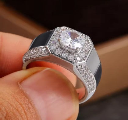 Men's Dazzling 925 Sterling Silver Crystal Zircon Signet and Wedding Ring
