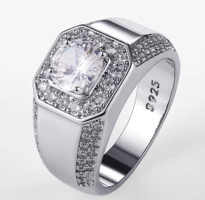 Men's Dazzling 925 Sterling Silver Crystal Zircon Signet and Wedding Ring