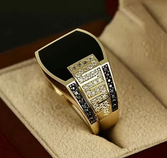 Men's Boastful Black Stone Signet and Wedding Ring (Gold)