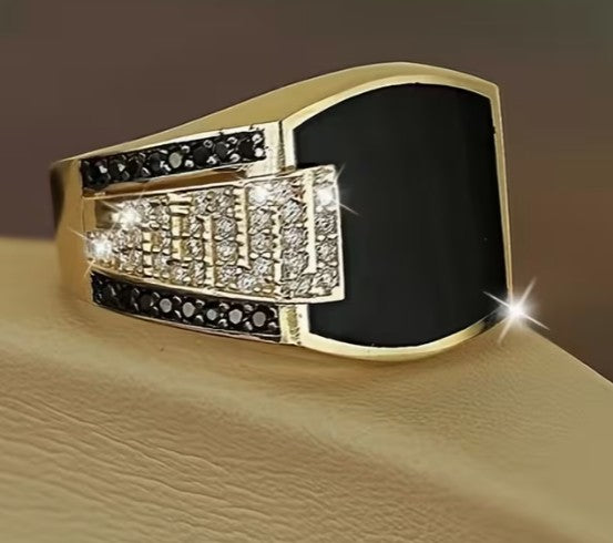 Men's Boastful Black Stone Signet and Wedding Ring (Gold)