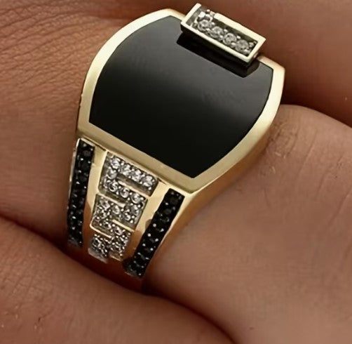 Men's Boastful Black Stone Signet and Wedding Ring (Gold)