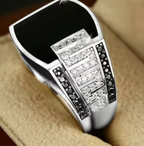 Men's Boastful Black Stone Signet and Wedding Ring (Silver)