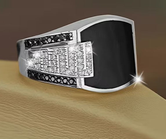 Men's Boastful Black Stone Signet and Wedding Ring (Silver)