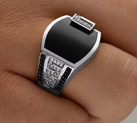 Men's Boastful Black Stone Signet and Wedding Ring (Silver)